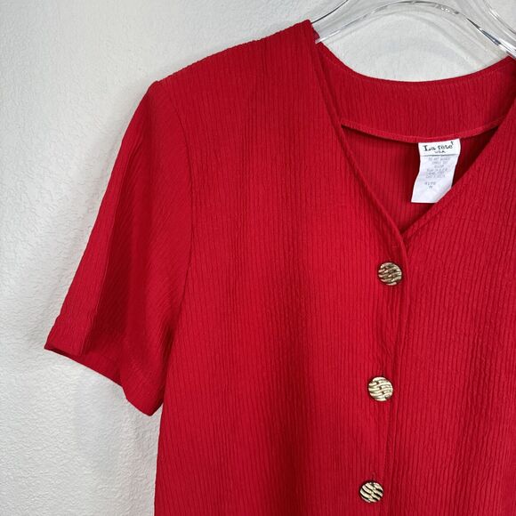 La Fete Blouse Medium Cherry‎ Red Button Front Vintage 90s 80s Mob Wife Gold - Picture 2 of 10